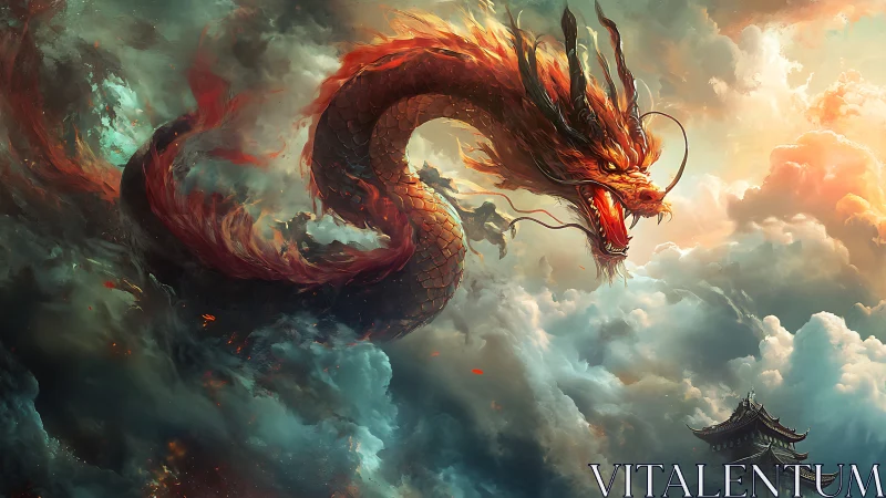 Sky-scorching dragon coils through storm-lit celestial clouds