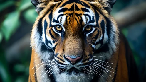 Tiger portrait with intense gaze in lush forest light.