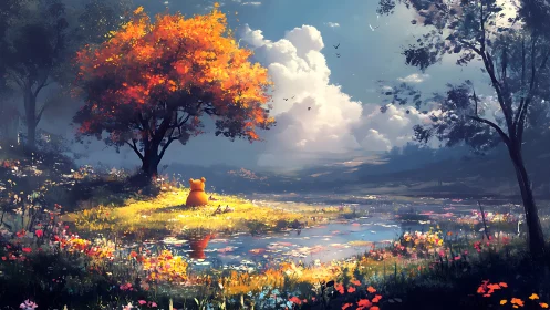 Bear figure by autumn tree near reflective pond landscape.