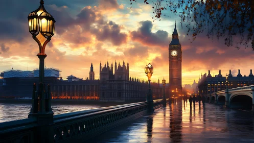 Golden hour settles over Big Ben and the glowing riverside