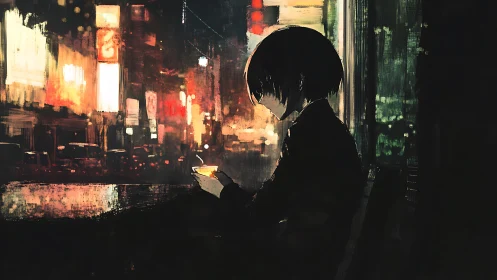 City neon hums while a lone soul studies a quiet cup