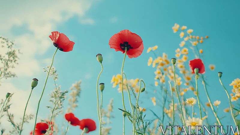 Low-angle botanical composition with red poppies and yellow wildflowers