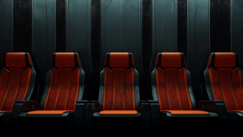 Cinematic red recliner row in a brooding sci fi theater hush.