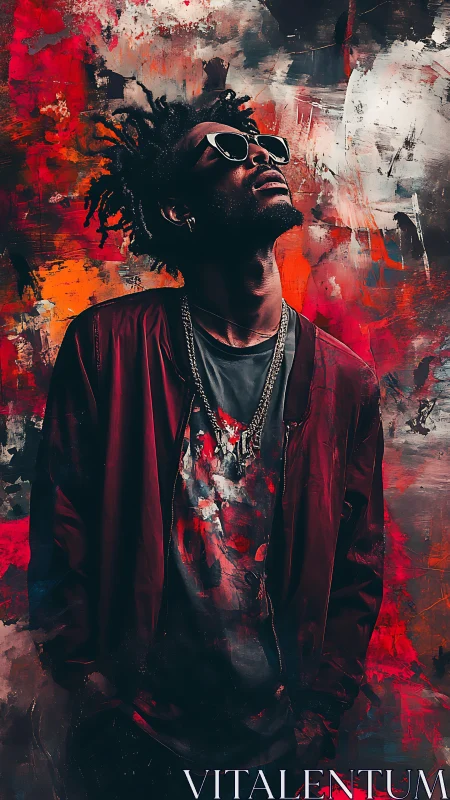 Street portrait in expressive red acrylic splatter background.