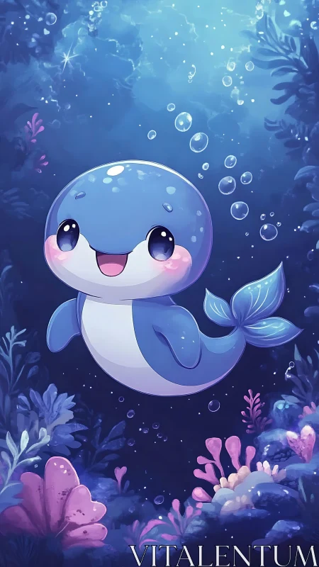 Cartoon aquatic creature in stylized coral reef scene.