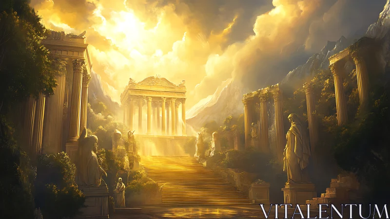 Golden light over grand ancient temple on a mountain peak.