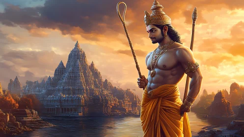 Hindu warrior stands before monumental riverside temple complex