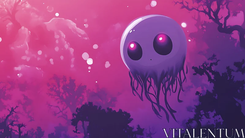Bioluminescent jelly-ghost drifts through magenta alien forest atmosphere
