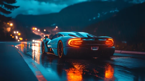 Digital neon hypercar on wet mountain highway at night.