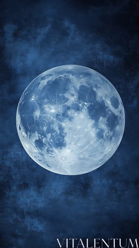Luminous full moon on textured indigo celestial backdrop.