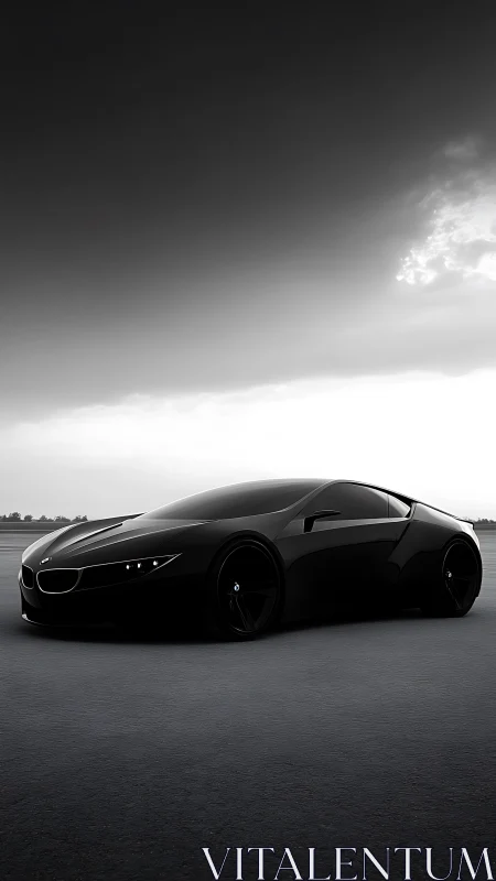 Black sports coupe on open asphalt under overcast sky.
