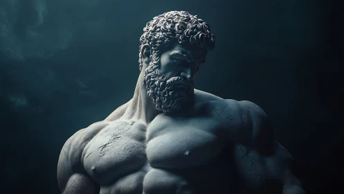Marble titan bust under moody cinematic side lighting.