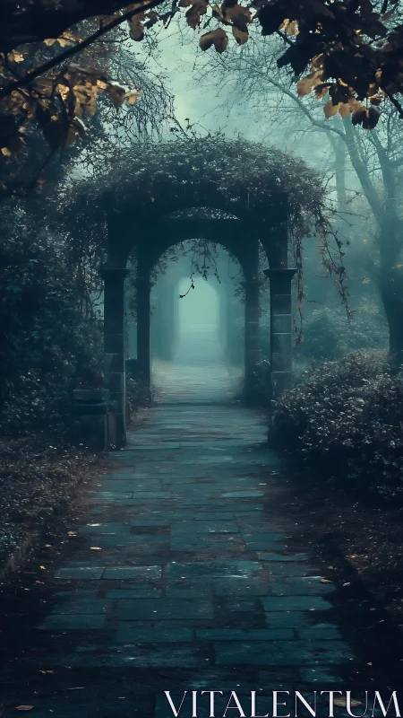 Misty stone pathway beneath vine covered garden arches.