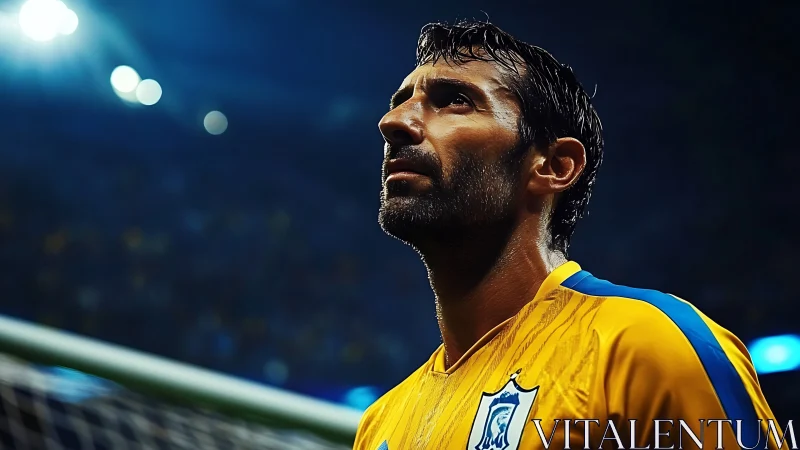 Steadfast soccer player gazes upward under bright stadium lights
