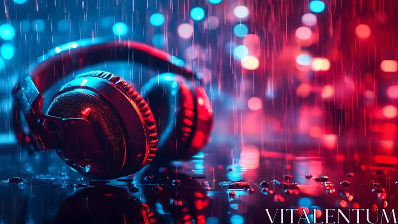 Cyberpunk headphones in neon rain with shallow depth of field.