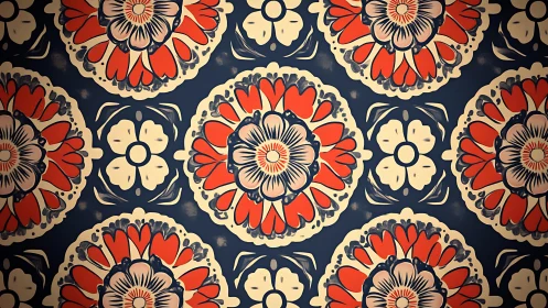 Retro mandala blossoms orbiting on deep midnight navy wallpaper.