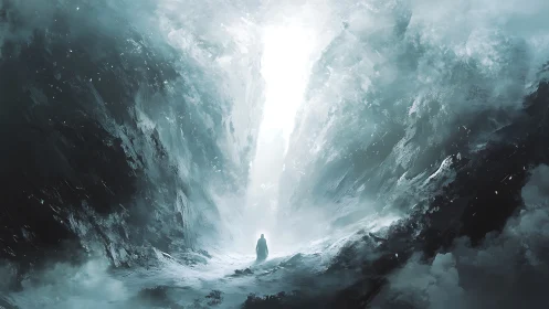 Monochrome cloaked figure before towering glacial chasm portal.
