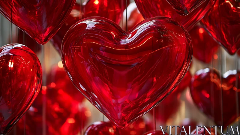 Luminous Red Glass Hearts with Bokeh Light Refraction.