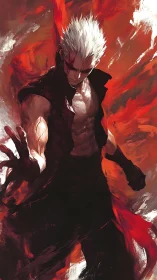 White-haired fighter in dynamic red and black energy field.