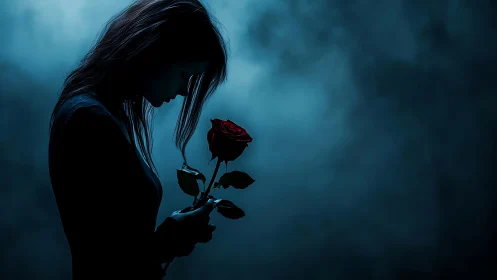 Silhouetted woman studies single red rose in moody blue haze