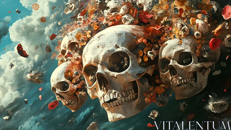 Skulls and blossoms drifting through a stormy dreamscape.