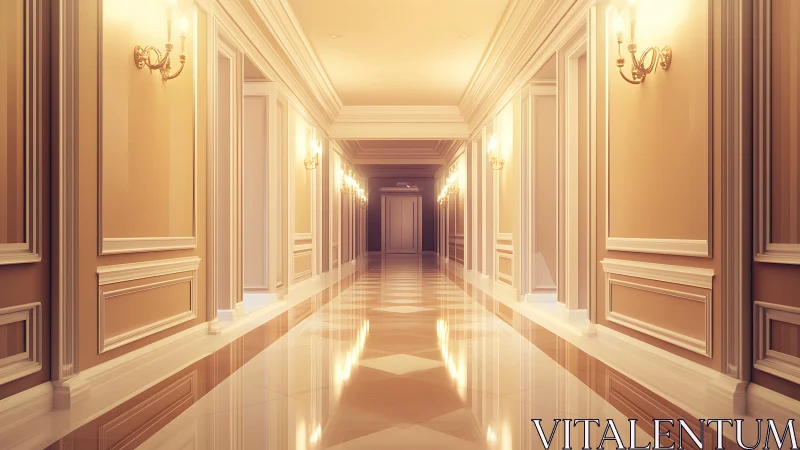 Grand neoclassical corridor with glowing wall sconces.