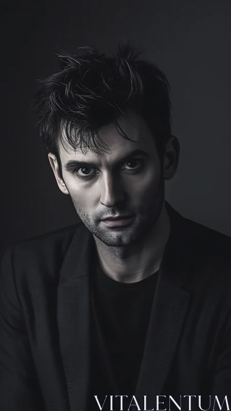 Moody portrait of a thoughtful man in soft shadowed light.