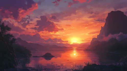 Softly glowing sunset over tranquil storybook lake shores.