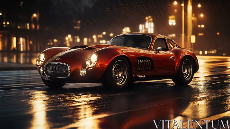 Midnight crimson supercar glides through rainlit city streets.