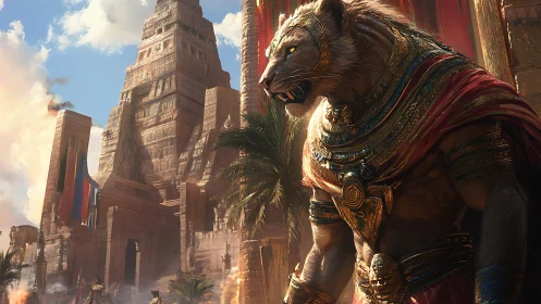 Lion pharaoh strides beneath sunlit ziggurat of burning gold