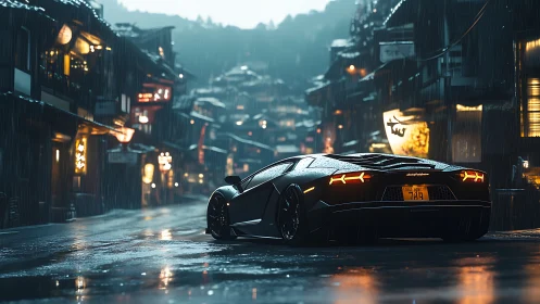 Midnight supercar glides through a neon lit rainy street