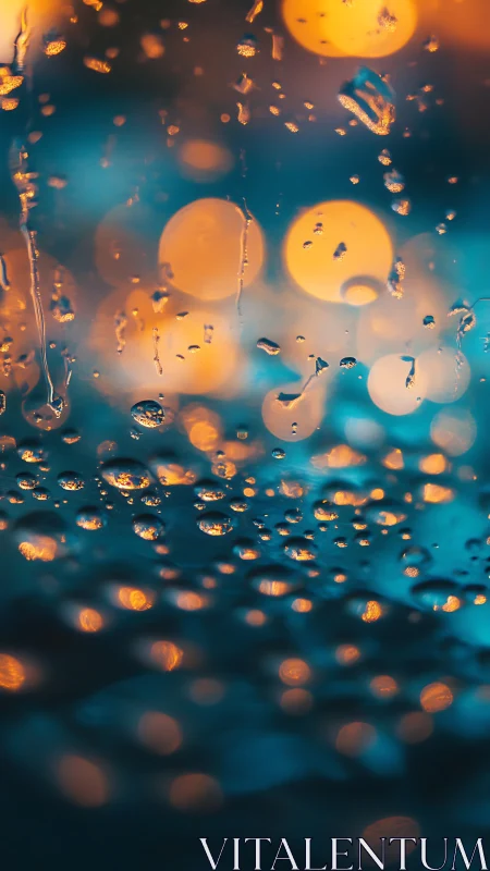 Macro bokeh study of raindrops on glass with warm contrasts.