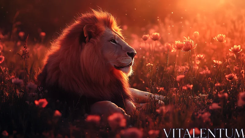 Digital painting of lion in sunset poppy meadow tableau.
