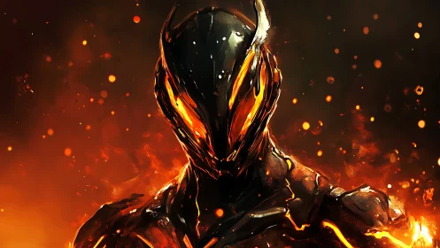 Infernal armored warrior emerges from blazing molten fire.