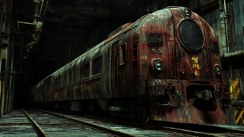Corroded diesel locomotive in derelict industrial tunnel bay.