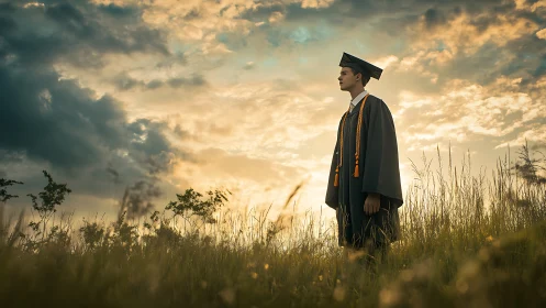 Graduate stands in tall grass under dramatic sunset sky
