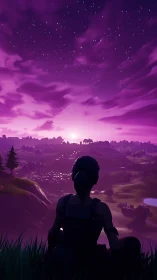 Calm gamer watches a dreamy violet sunset sky in wonder.