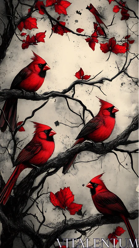 Crimson cardinals hold quiet council on winter-twisted boughs