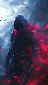 Hooded figure in red cloak against cold mountainous backdrop.