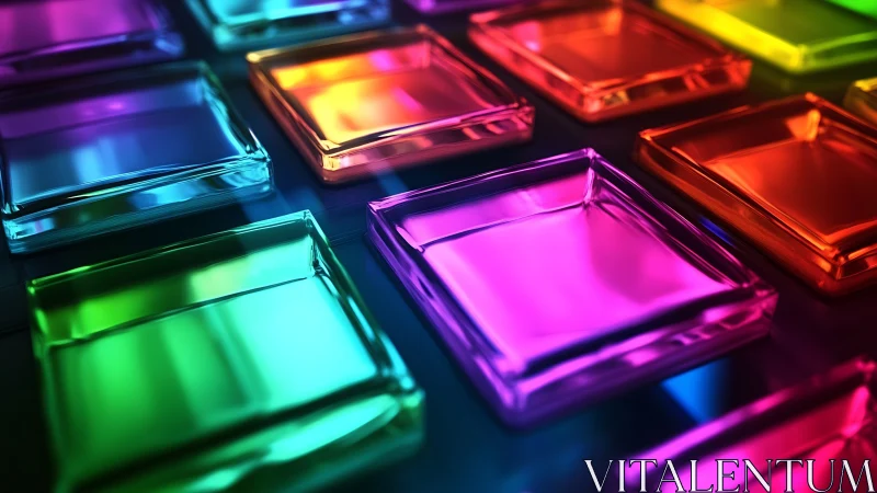 Prismatic glass tiles drift in neon-soft chromatic twilight.