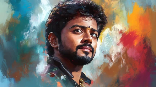 Vibrant digital portrait of man against abstract colors.