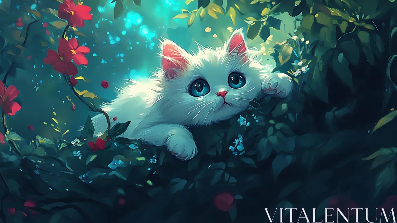 Luminous White Feline with Turquoise Eyes Amidst Botanical Garden Setting