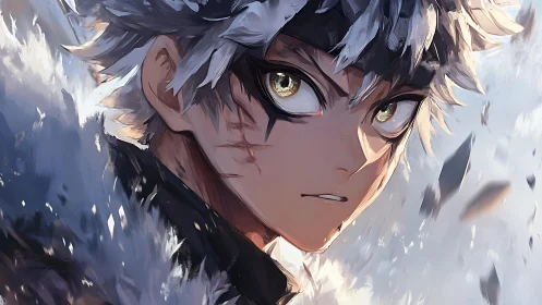 Intense silver haired anime hero with golden eyes portrait.