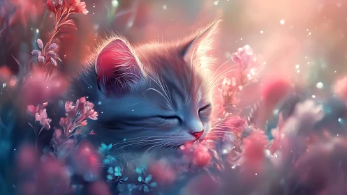 Felid Portrait with Chromatic Gradient and Botanical Bokeh Overlay.