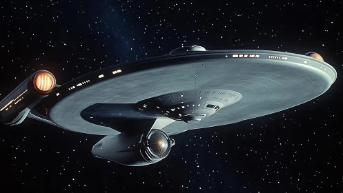 Futuristic disc-shaped starship traveling through deep space.