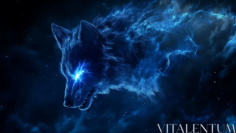 Energetic spectral wolf head rendered in luminous plasma vectors