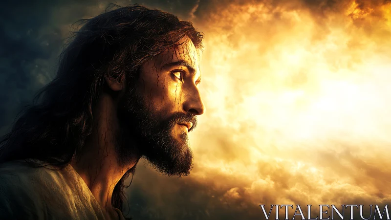 Radiant profile of a solemn bearded man in glowing clouds.