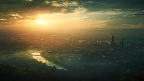 Golden sunrise over misty river city with distant cathedral.