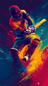 Cricketer swings bat amid neon splashes of kinetic color.