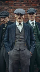 Gritty vintage gangsters in tailored wool suits pose sternly.